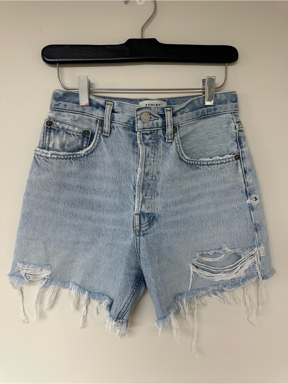Agolde Light Blue “Riley” Distressed High-Rise Denim Shorts